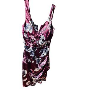 Sleeveless Floral Satin Dress By BCX In Burgundy & White